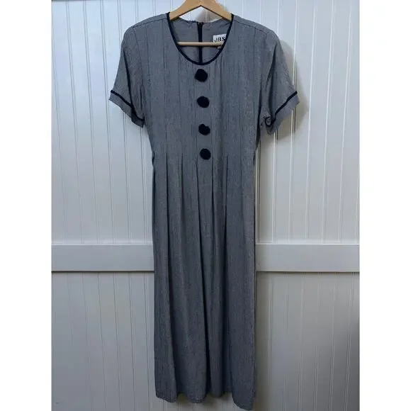 Vtg Midi Dress Classic Prairie Cottagecore Houndstooth Button Front Slip Women M - Picture 2 of 13